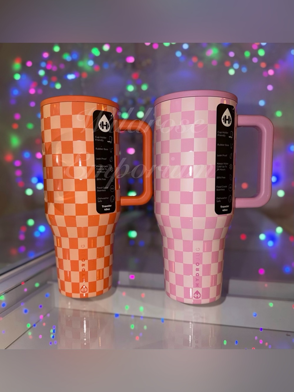HydroJug 40oz traveler tumbler orange checkers & pink checkers SET